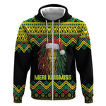 Black Jamaican Christmas Zip Hoodie Reggae Lion With Kente Pattern