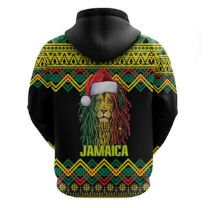 Black Jamaican Christmas Zip Hoodie Reggae Lion With Kente Pattern