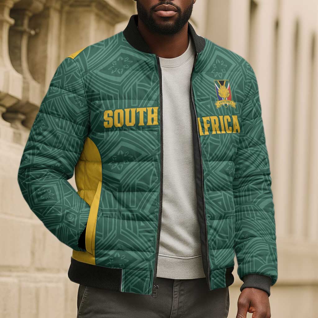 Custom South Africa Soccer Bomber Puffer Jacket Bafana Bafana Spirit African Pattern - African Pride