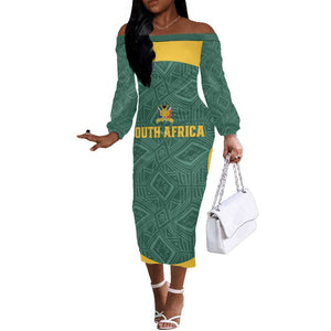 Custom South Africa Soccer Off The Shoulder Long Sleeve Dress Bafana Bafana Spirit African Pattern - African Pride