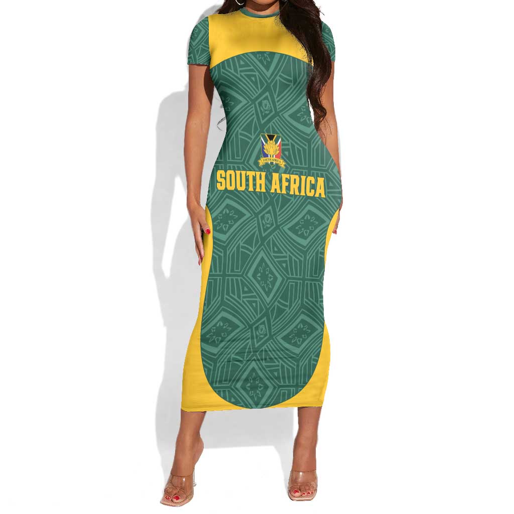 Custom South Africa Soccer Short Sleeve Bodycon Dress Bafana Bafana Spirit African Pattern - African Pride