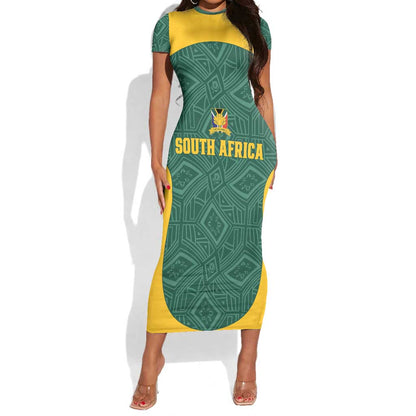 Custom South Africa Soccer Short Sleeve Bodycon Dress Bafana Bafana Spirit African Pattern - African Pride