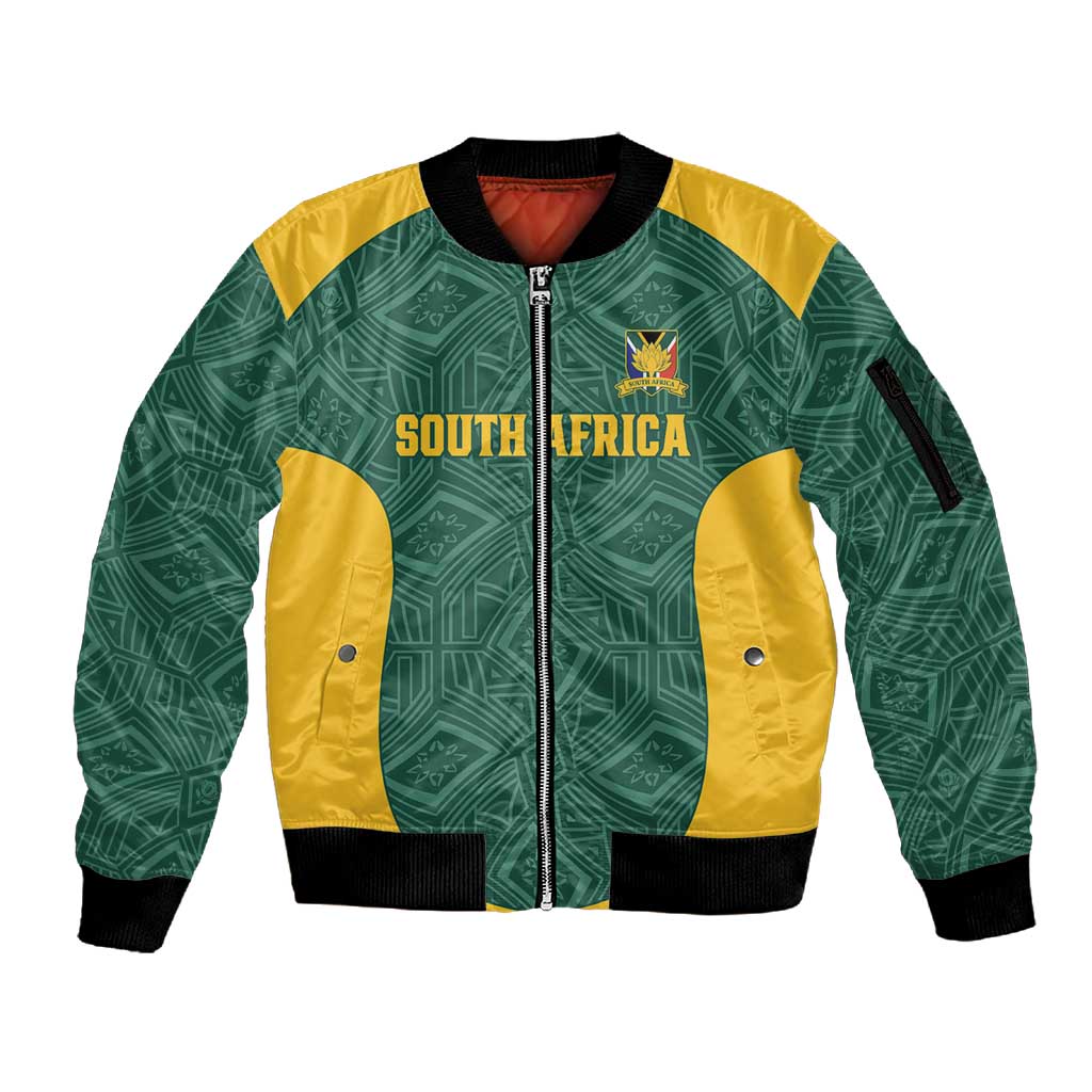 Custom South Africa Soccer Sleeve Zip Bomber Jacket Bafana Bafana Spirit African Pattern - African Pride