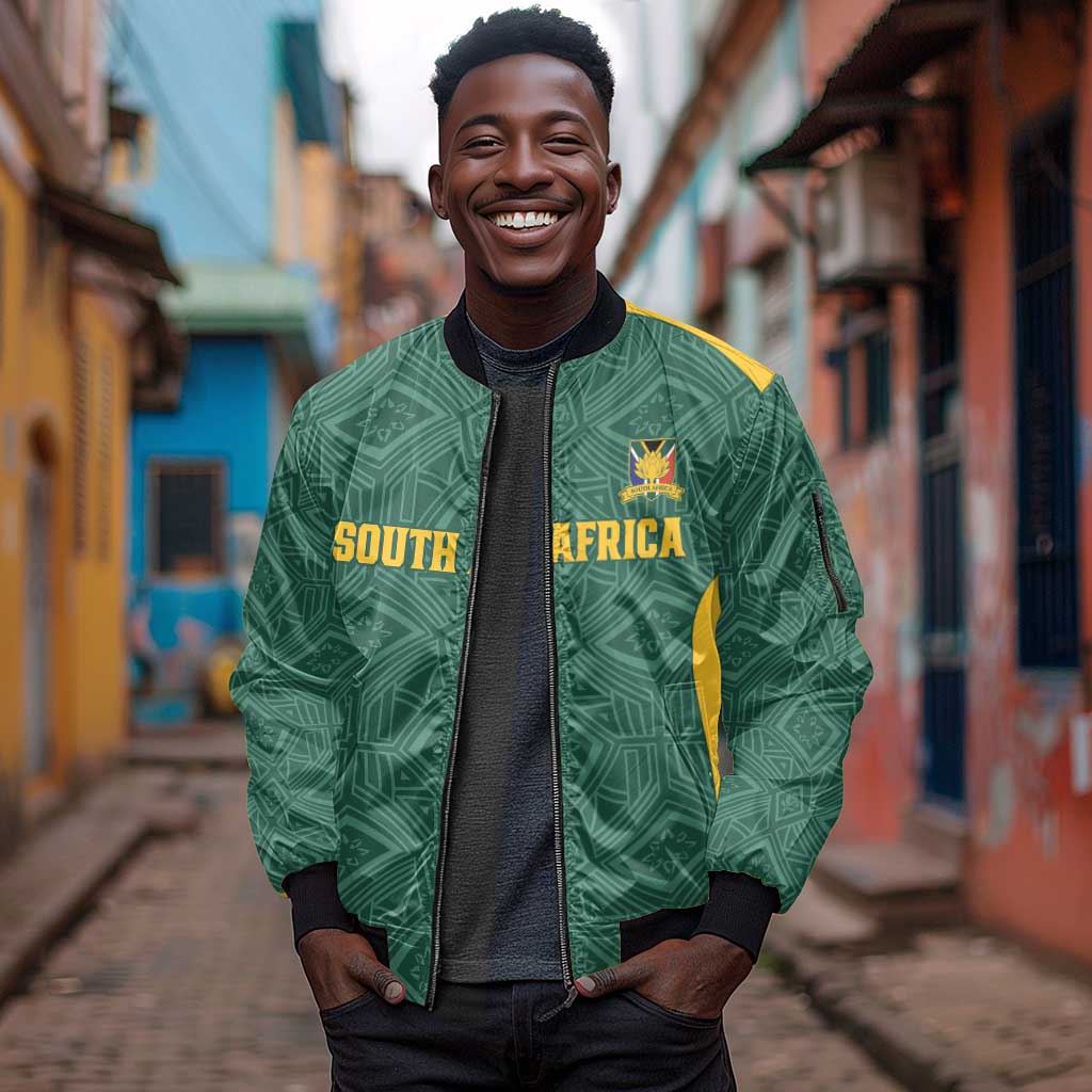 Custom South Africa Soccer Sleeve Zip Bomber Jacket Bafana Bafana Spirit African Pattern - African Pride