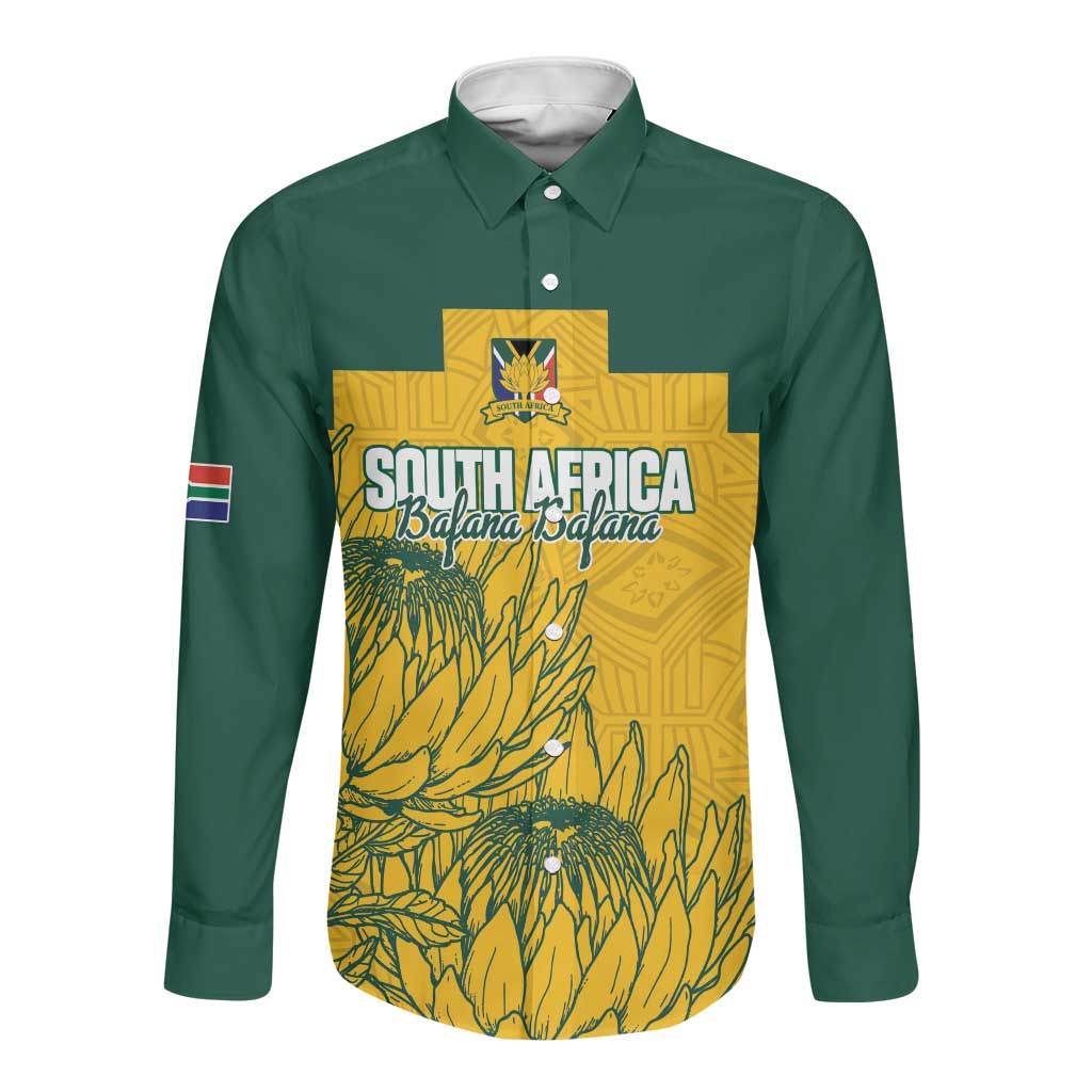 Custom South Africa Soccer Long Sleeve Button Shirt From Protea Roots We Rise - African Pride