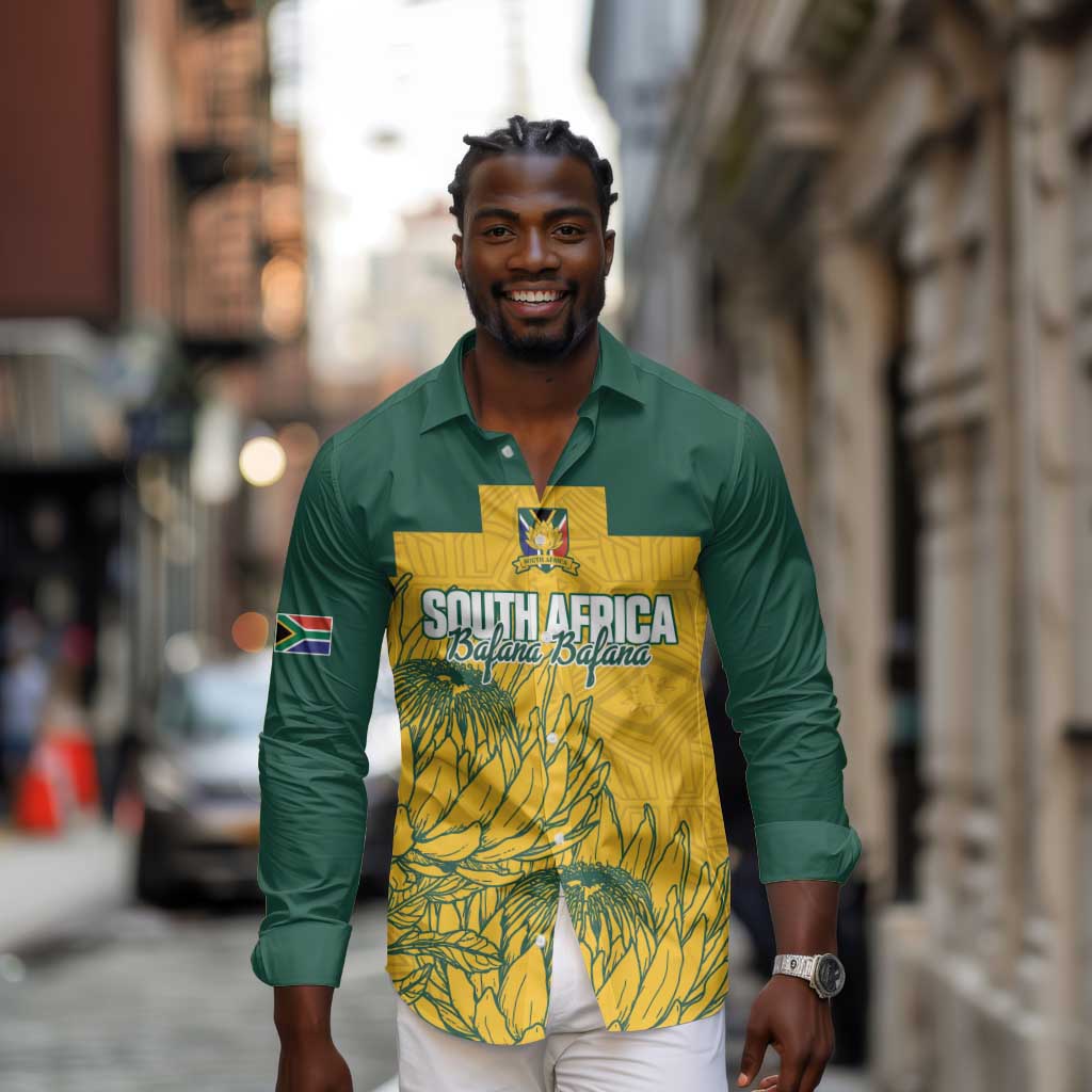 Custom South Africa Soccer Long Sleeve Button Shirt From Protea Roots We Rise - African Pride