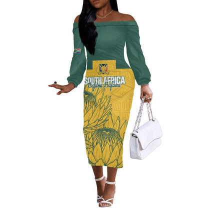 Custom South Africa Soccer Off The Shoulder Long Sleeve Dress From Protea Roots We Rise - African Pride