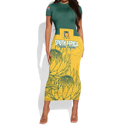 Custom South Africa Soccer Short Sleeve Bodycon Dress From Protea Roots We Rise - African Pride