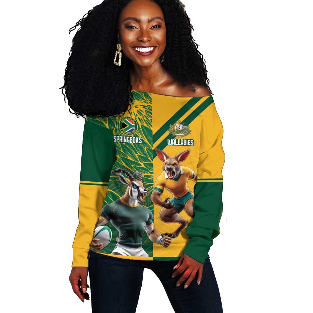 South Africa Australia Rugby Champion Personalized Off Shoulder Sweater Springboks Wallabies Mascot - African Pride