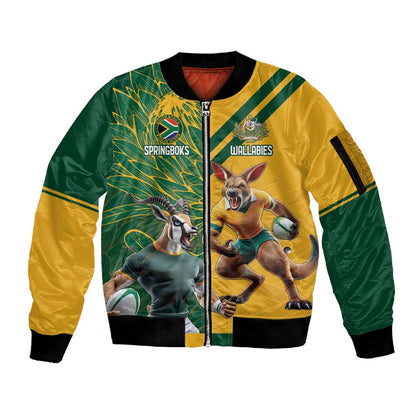 South Africa Australia Rugby Champion Personalized Sleeve Zip Bomber Jacket Springboks Wallabies Mascot - African Pride