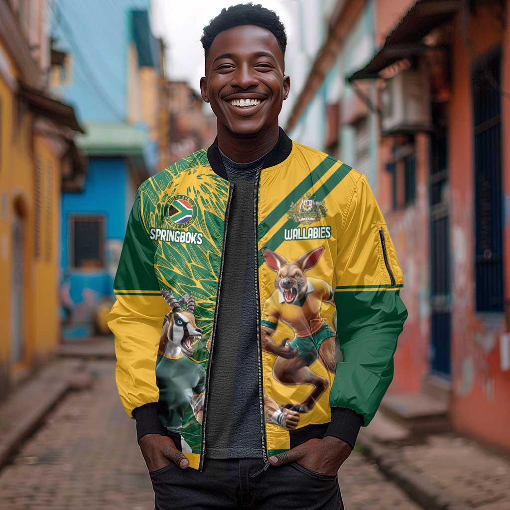 South Africa Australia Rugby Champion Personalized Sleeve Zip Bomber Jacket Springboks Wallabies Mascot - African Pride