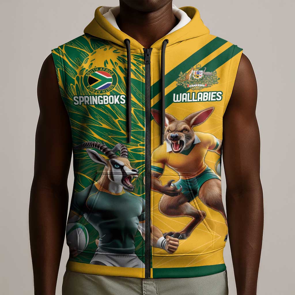 South Africa Australia Rugby Champion Personalized Sleeveless Zip Hoodie Springboks Wallabies Mascot - African Pride