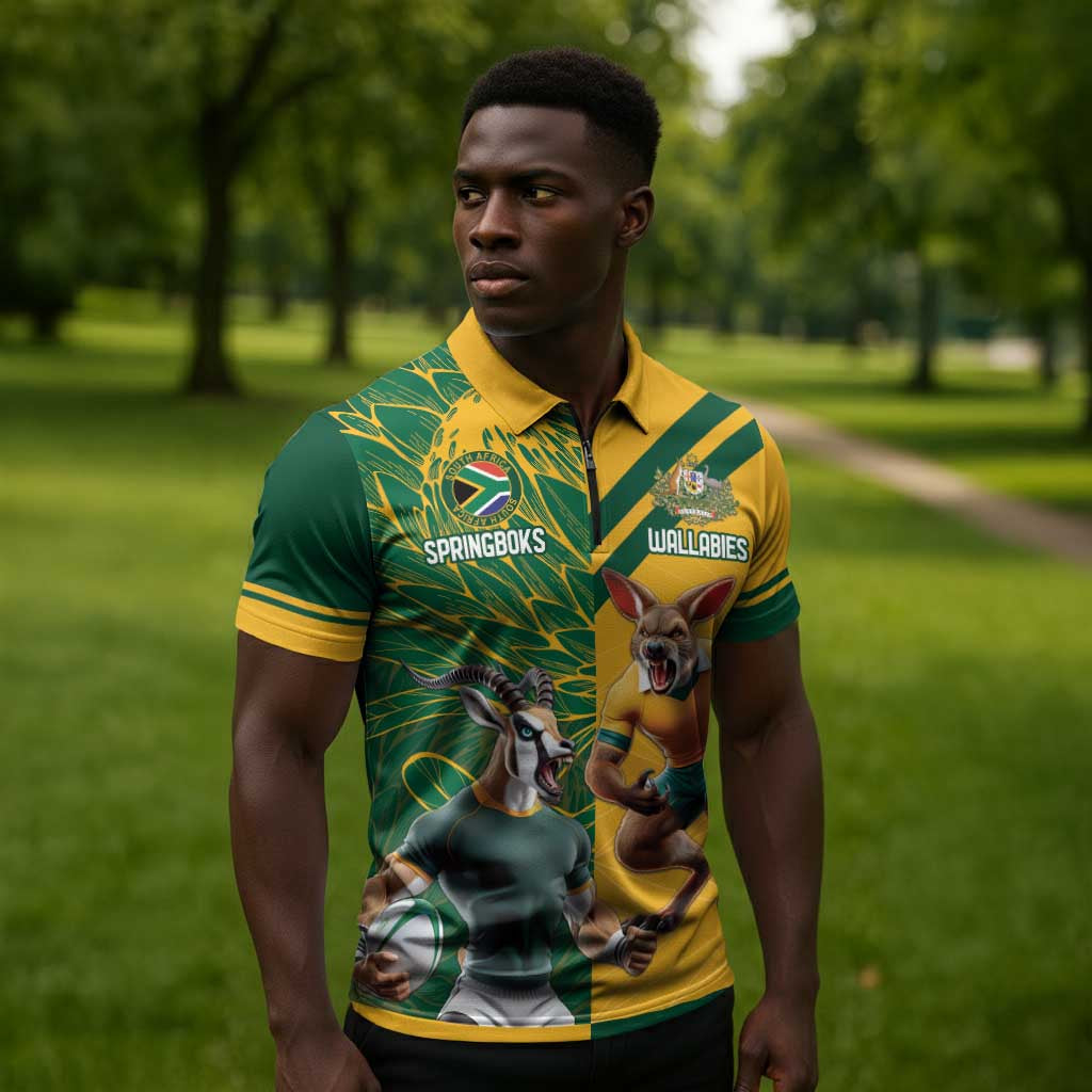 South Africa Australia Rugby Champion Personalized Zipper Polo Shirt Springboks Wallabies Mascot