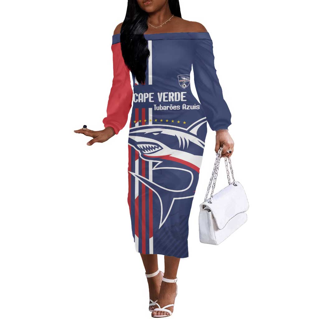 Cape Verde Football Pride Custom Off The Shoulder Long Sleeve Dress Tubaroes Azuis Champion - African Pride
