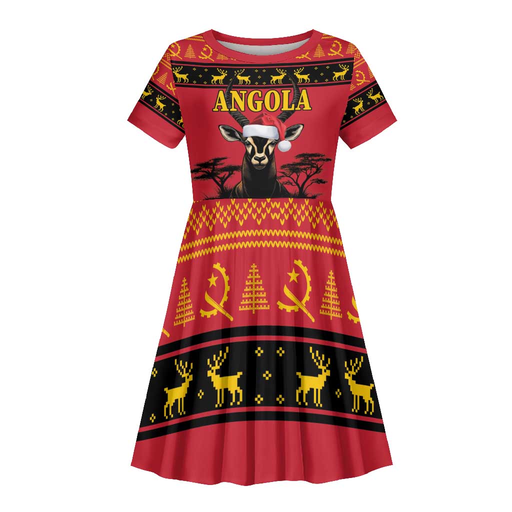 Afro Angola Giant Sable Antelope Christmas Kid Short Sleeve Dress Virtus Unita Fortior Feliz Natal