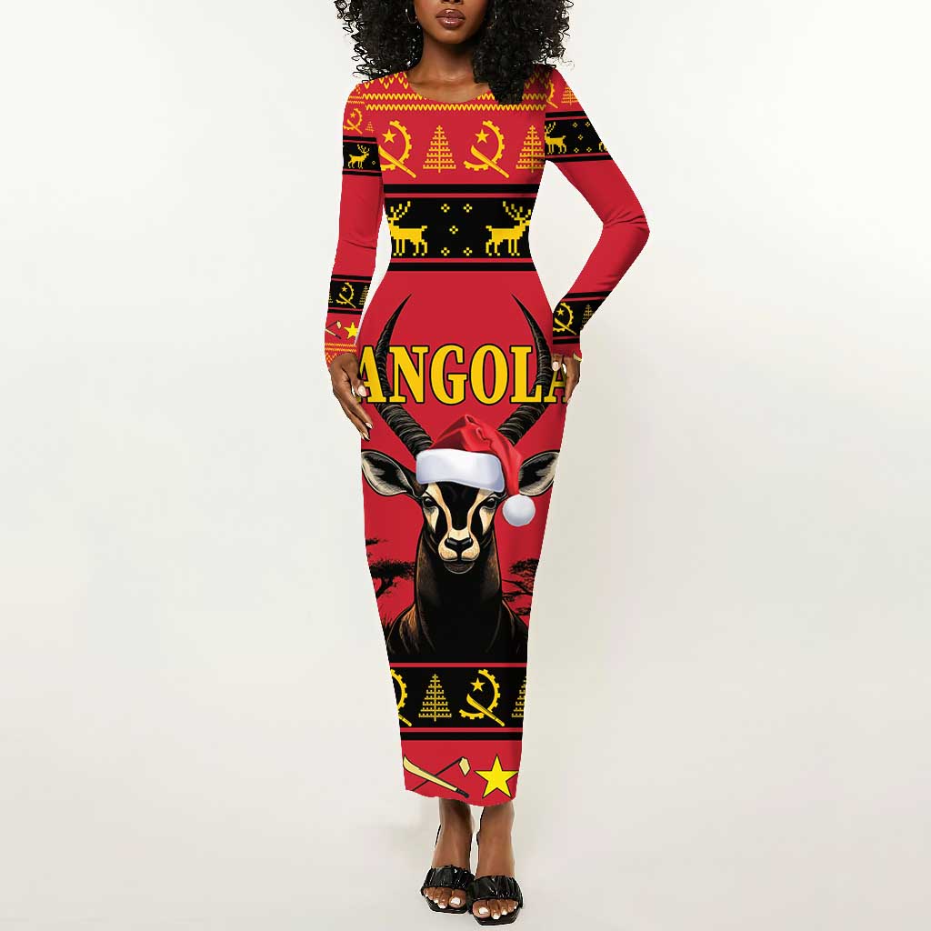 Afro Angola Giant Sable Antelope Christmas Long Sleeve Bodycon Dress Virtus Unita Fortior Feliz Natal