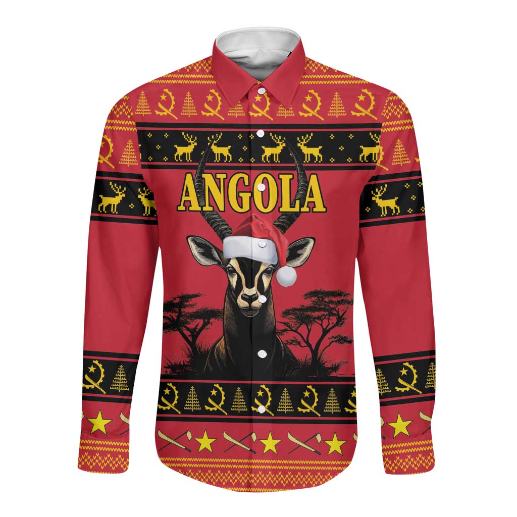 Afro Angola Giant Sable Antelope Christmas Long Sleeve Button Shirt Virtus Unita Fortior Feliz Natal