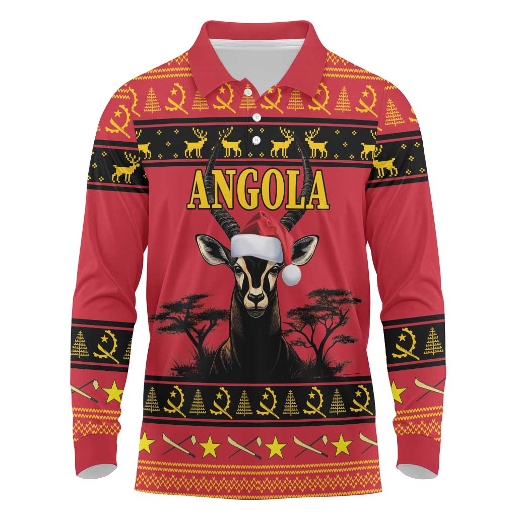 Afro Angola Giant Sable Antelope Christmas Long Sleeve Polo Shirt Virtus Unita Fortior Feliz Natal