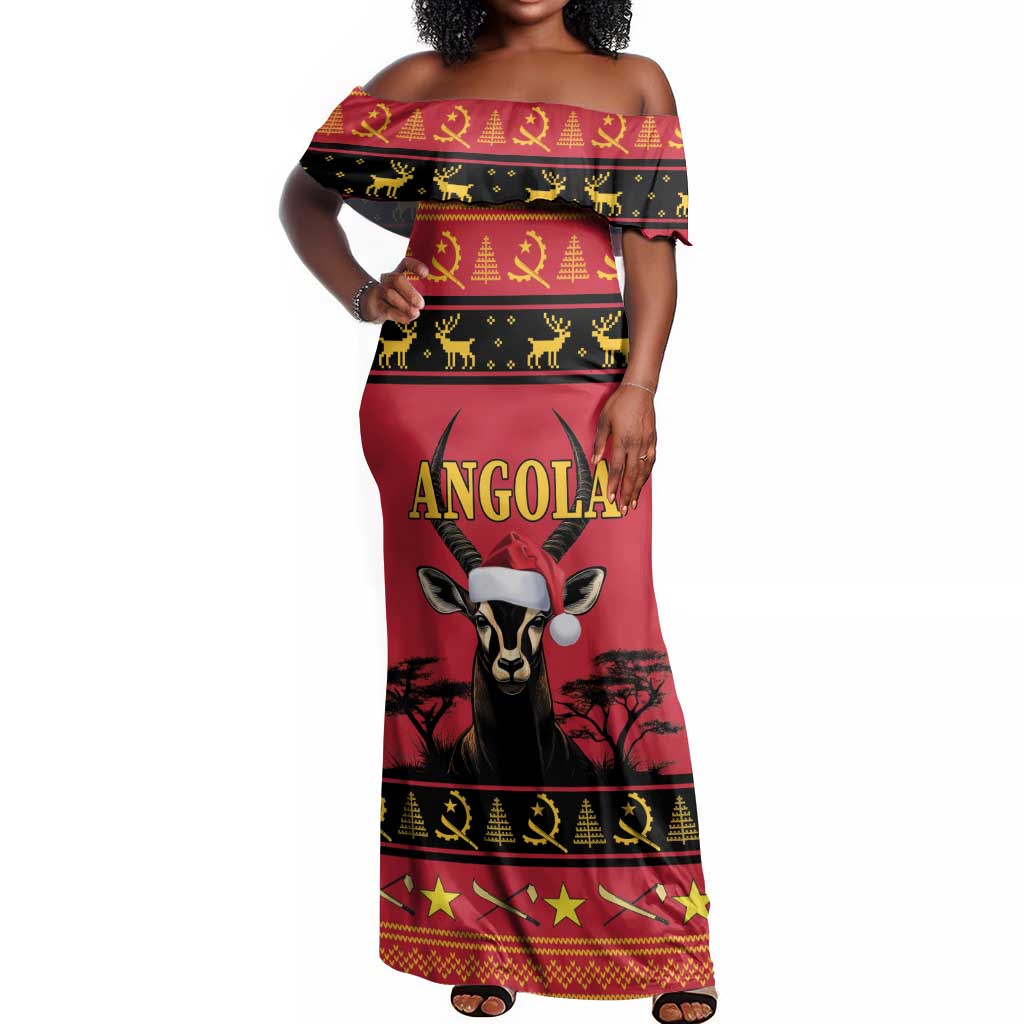 Afro Angola Giant Sable Antelope Christmas Off Shoulder Maxi Dress Virtus Unita Fortior Feliz Natal