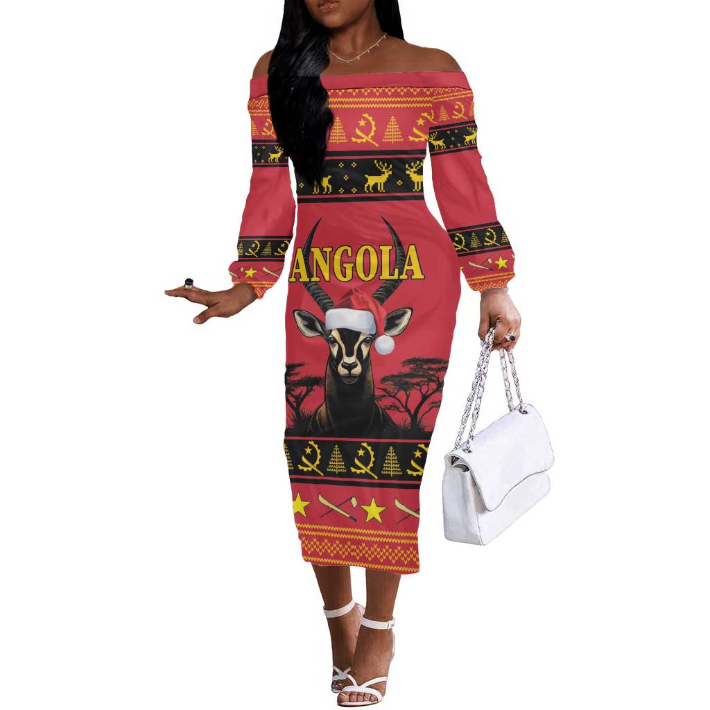 Afro Angola Giant Sable Antelope Christmas Off The Shoulder Long Sleeve Dress Virtus Unita Fortior Feliz Natal