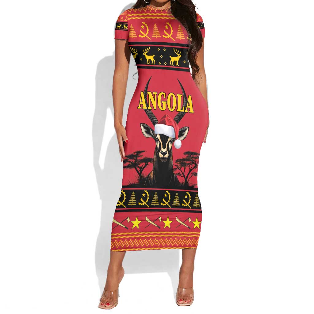 Afro Angola Giant Sable Antelope Christmas Short Sleeve Bodycon Dress Virtus Unita Fortior Feliz Natal