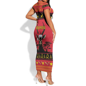 Afro Angola Giant Sable Antelope Christmas Short Sleeve Bodycon Dress Virtus Unita Fortior Feliz Natal