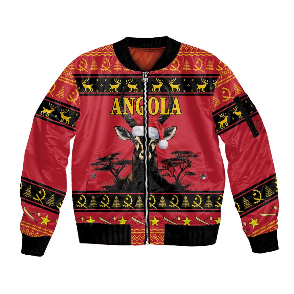 Afro Angola Giant Sable Antelope Christmas Sleeve Zip Bomber Jacket Virtus Unita Fortior Feliz Natal