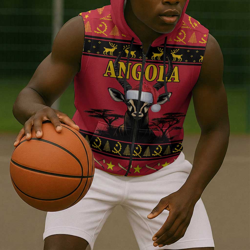 Afro Angola Giant Sable Antelope Christmas Sleeveless Zip Hoodie Virtus Unita Fortior Feliz Natal - African Pride