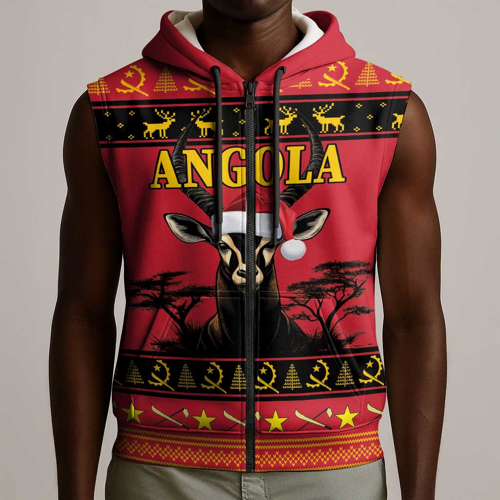 Afro Angola Giant Sable Antelope Christmas Sleeveless Zip Hoodie Virtus Unita Fortior Feliz Natal - African Pride
