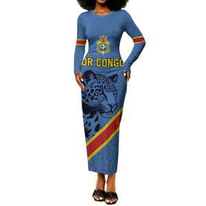 Custom DR Congo Football Long Sleeve Bodycon Dress Leopard Pride Heritage Edition