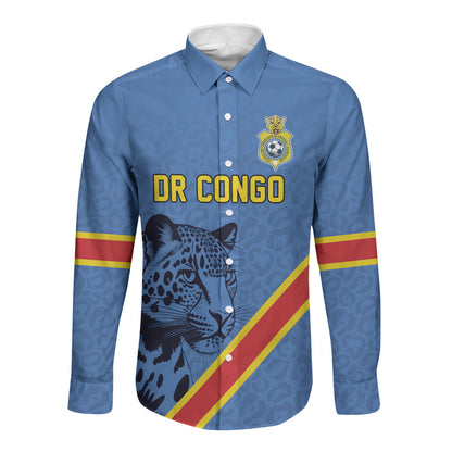 Custom DR Congo Football Long Sleeve Button Shirt Leopard Pride Heritage Edition