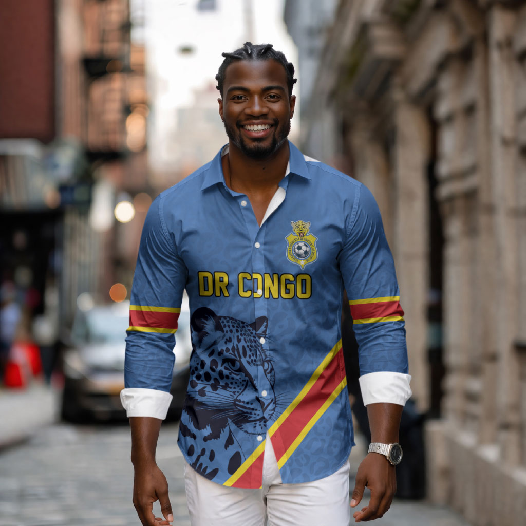 Custom DR Congo Football Long Sleeve Button Shirt Leopard Pride Heritage Edition