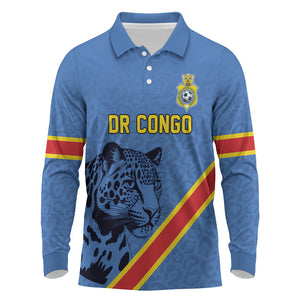 Custom DR Congo Football Long Sleeve Polo Shirt Leopard Pride Heritage Edition