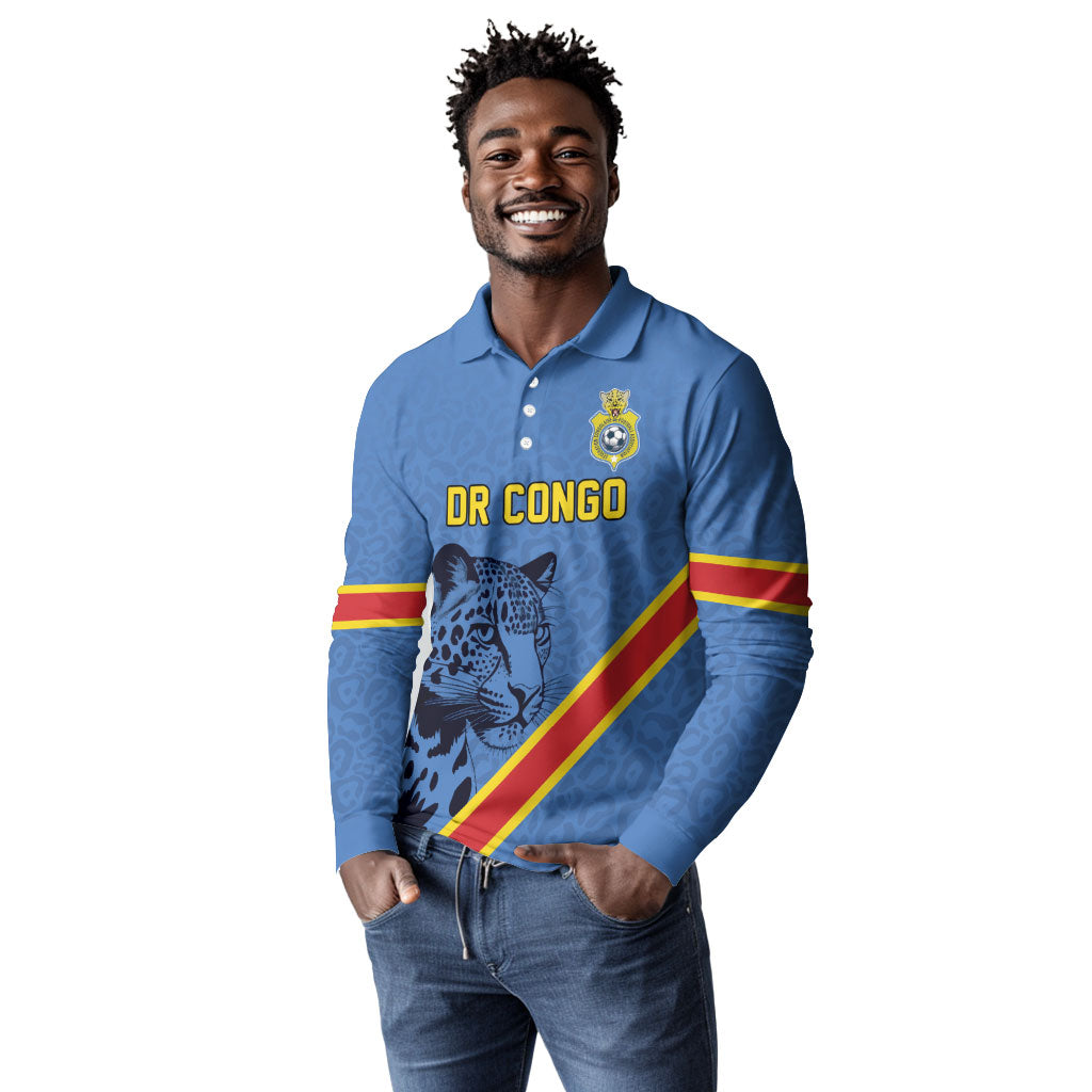 Custom DR Congo Football Long Sleeve Polo Shirt Leopard Pride Heritage Edition