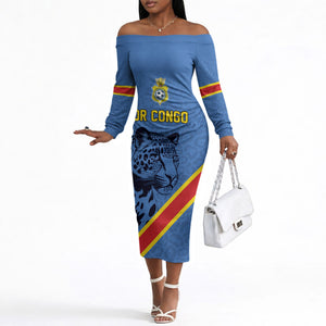 Custom DR Congo Football Off The Shoulder Long Sleeve Dress Leopard Pride Heritage Edition