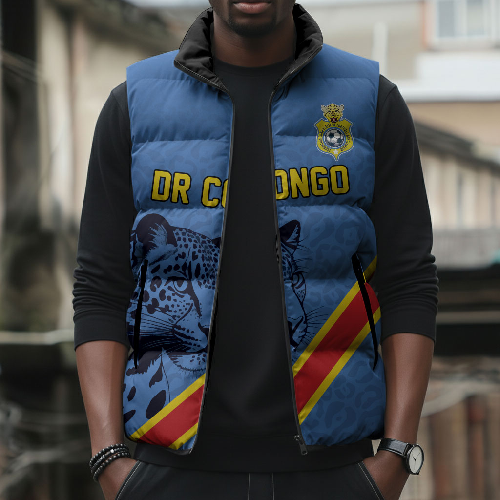 Custom DR Congo Football Sleeveless Puffer Jacket Leopard Pride Heritage Edition