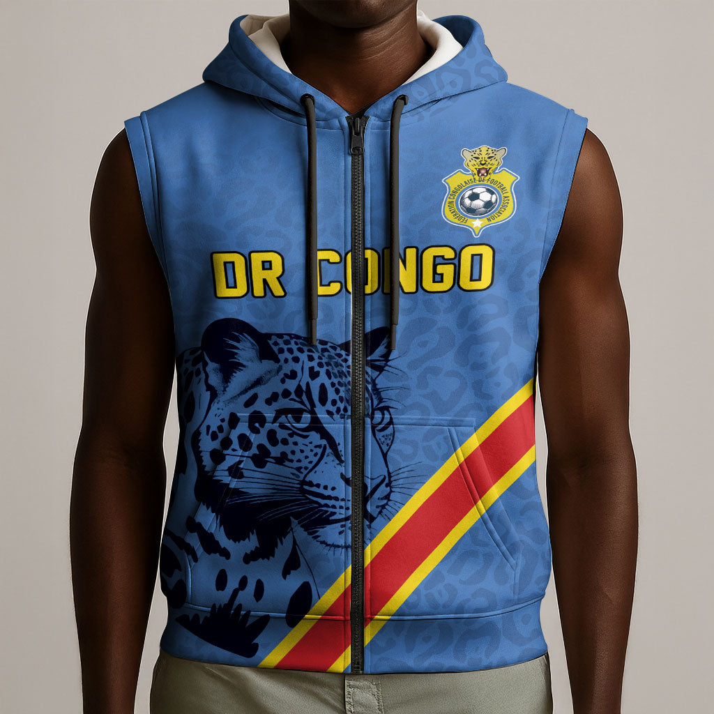 Custom DR Congo Football Sleeveless Zip Hoodie Leopard Pride Heritage Edition