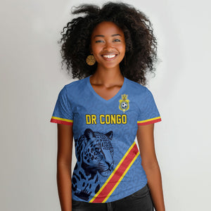 Custom DR Congo Football Women V-Neck T-Shirt Leopard Pride Heritage Edition