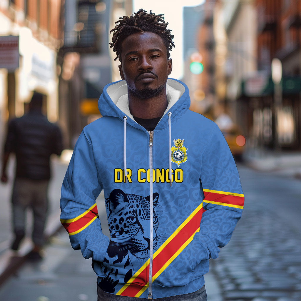 Custom DR Congo Football Zip Hoodie Leopard Pride Heritage Edition