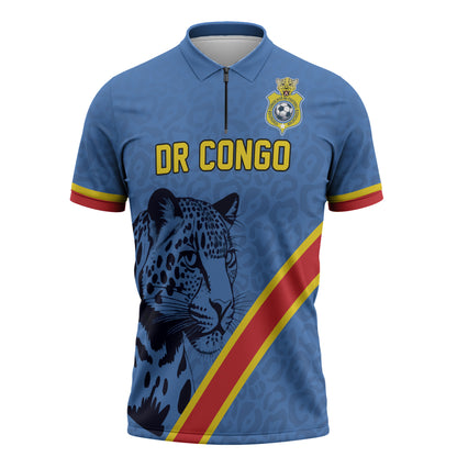 Custom DR Congo Football Zipper Polo Shirt Leopard Pride Heritage Edition