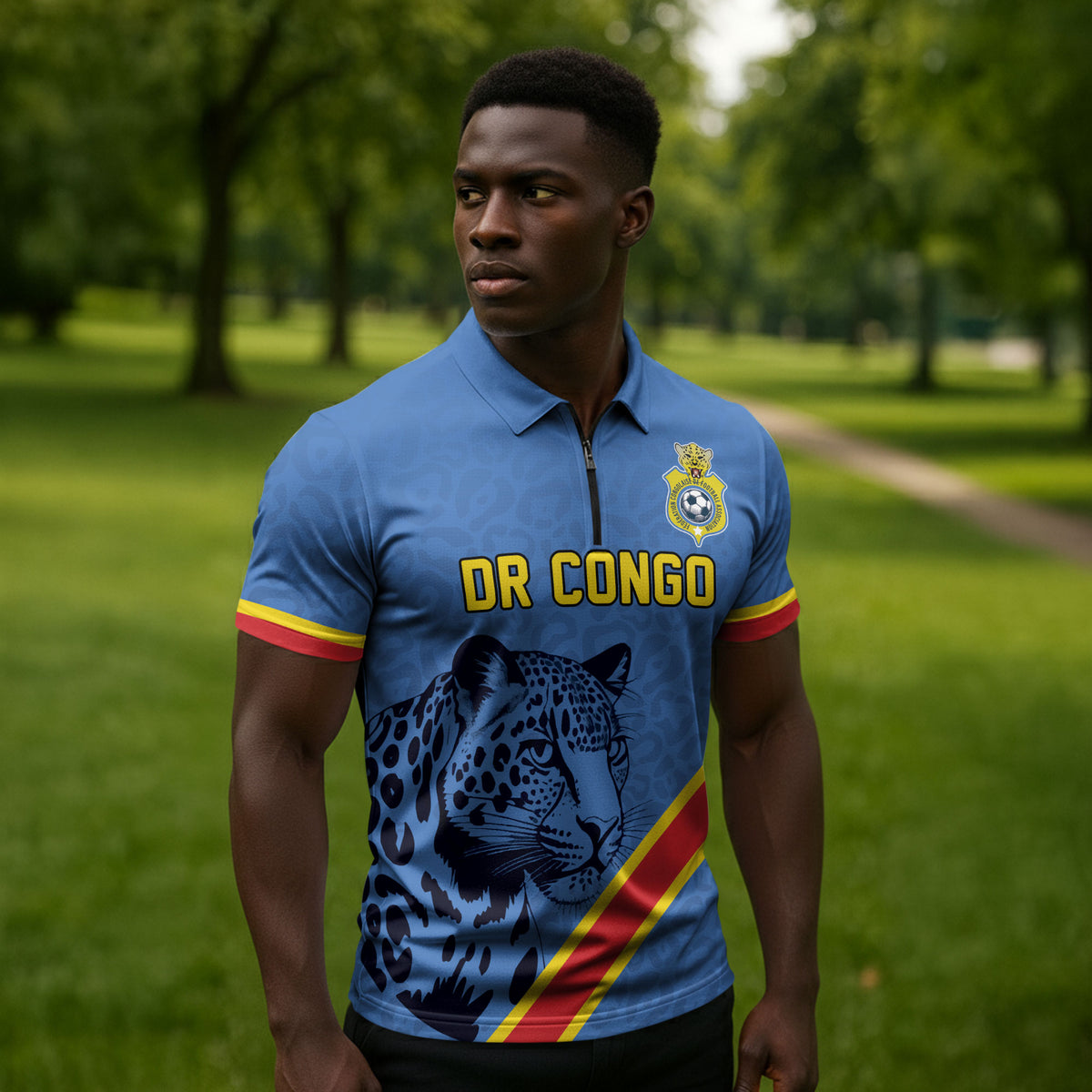 Custom DR Congo Football Zipper Polo Shirt Leopard Pride Heritage Edition