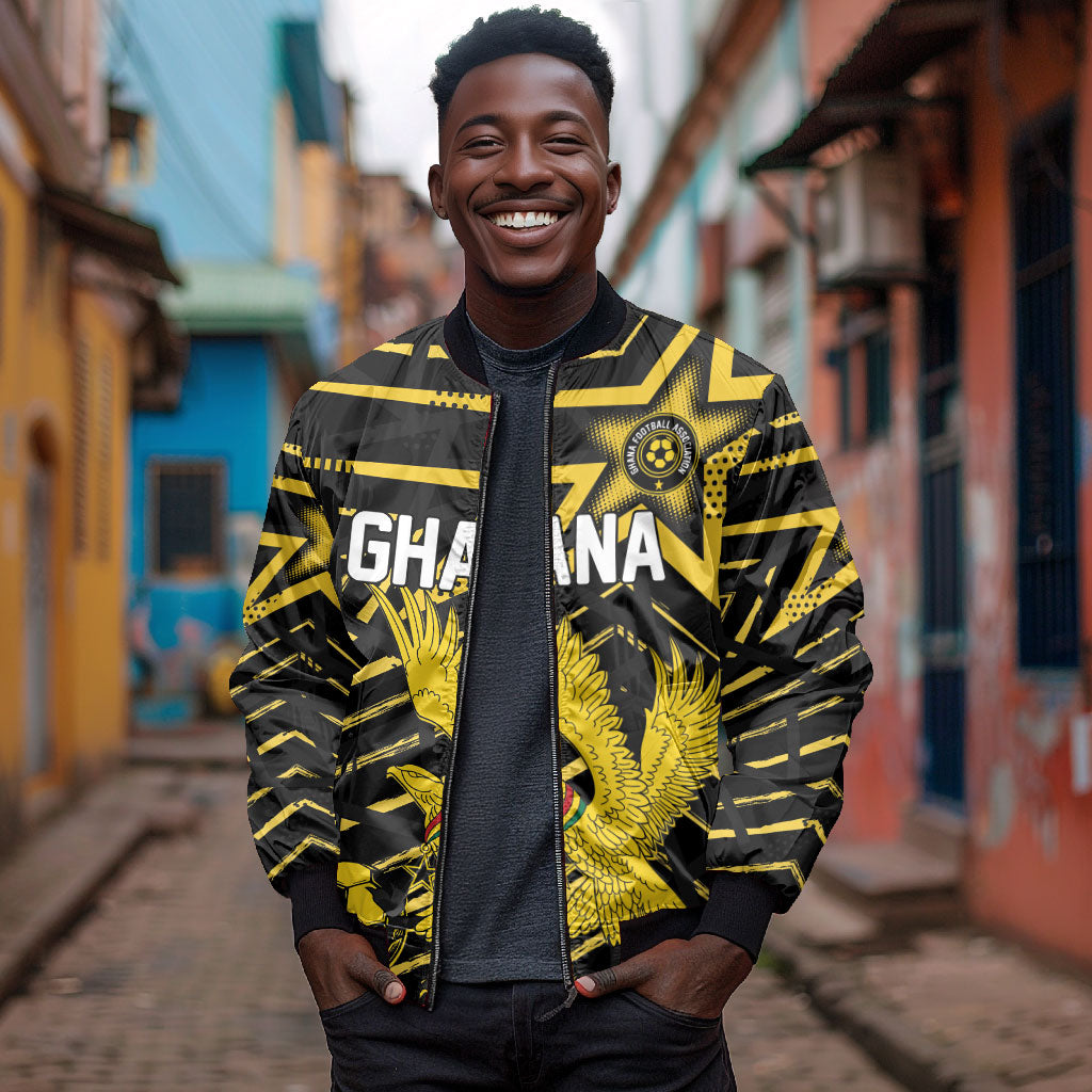 Custom Ghana Football Bomber Jacket Golden Black Star Eagle Heritage