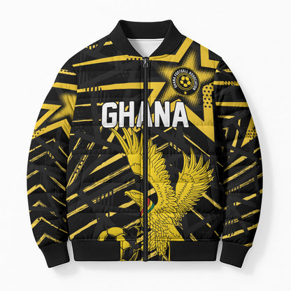 Custom Ghana Football Bomber Puffer Jacket Golden Black Star Eagle Heritage