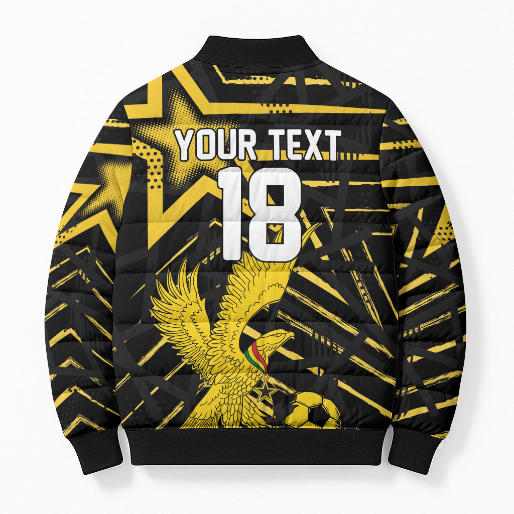 Custom Ghana Football Bomber Puffer Jacket Golden Black Star Eagle Heritage