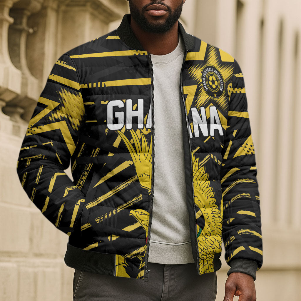 Custom Ghana Football Bomber Puffer Jacket Golden Black Star Eagle Heritage