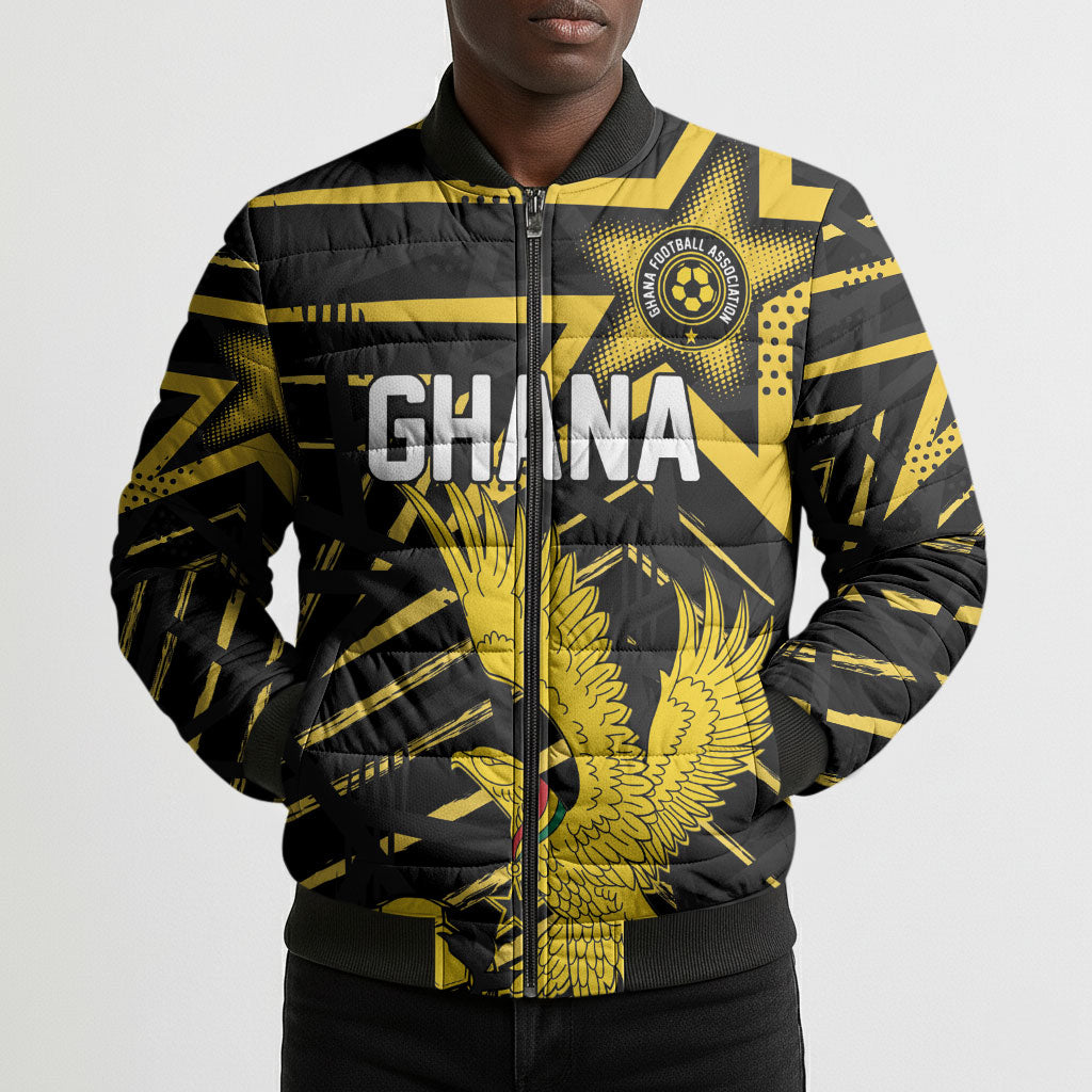 Custom Ghana Football Bomber Puffer Jacket Golden Black Star Eagle Heritage