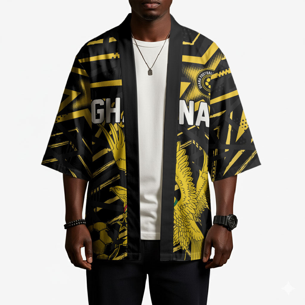 Custom Ghana Football Kimono Golden Black Star Eagle Heritage