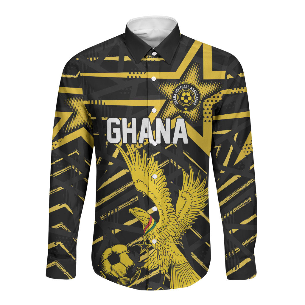 Custom Ghana Football Long Sleeve Button Shirt Golden Black Star Eagle Heritage