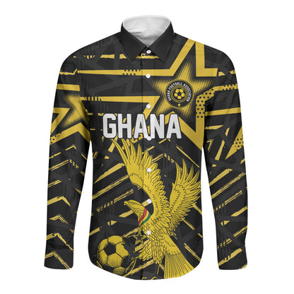 Custom Ghana Football Long Sleeve Button Shirt Golden Black Star Eagle Heritage