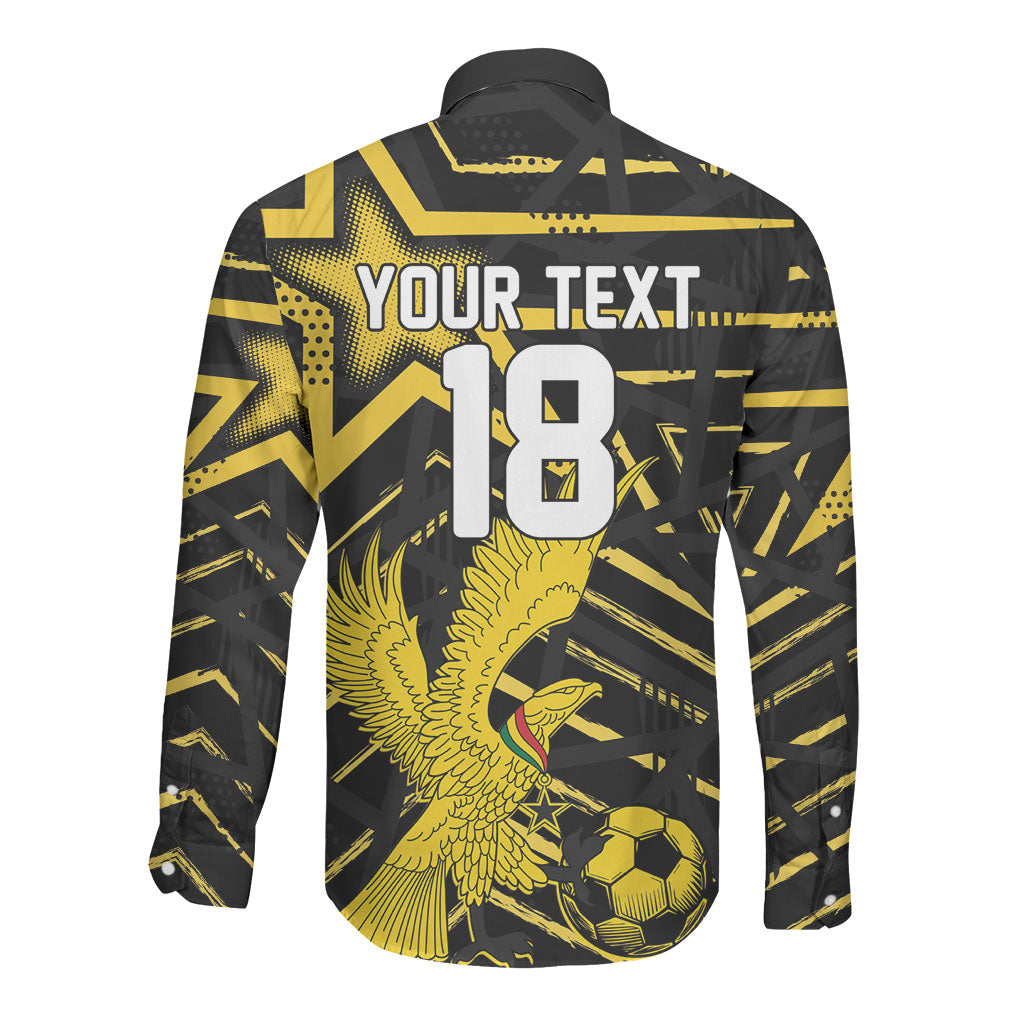 Custom Ghana Football Long Sleeve Button Shirt Golden Black Star Eagle Heritage